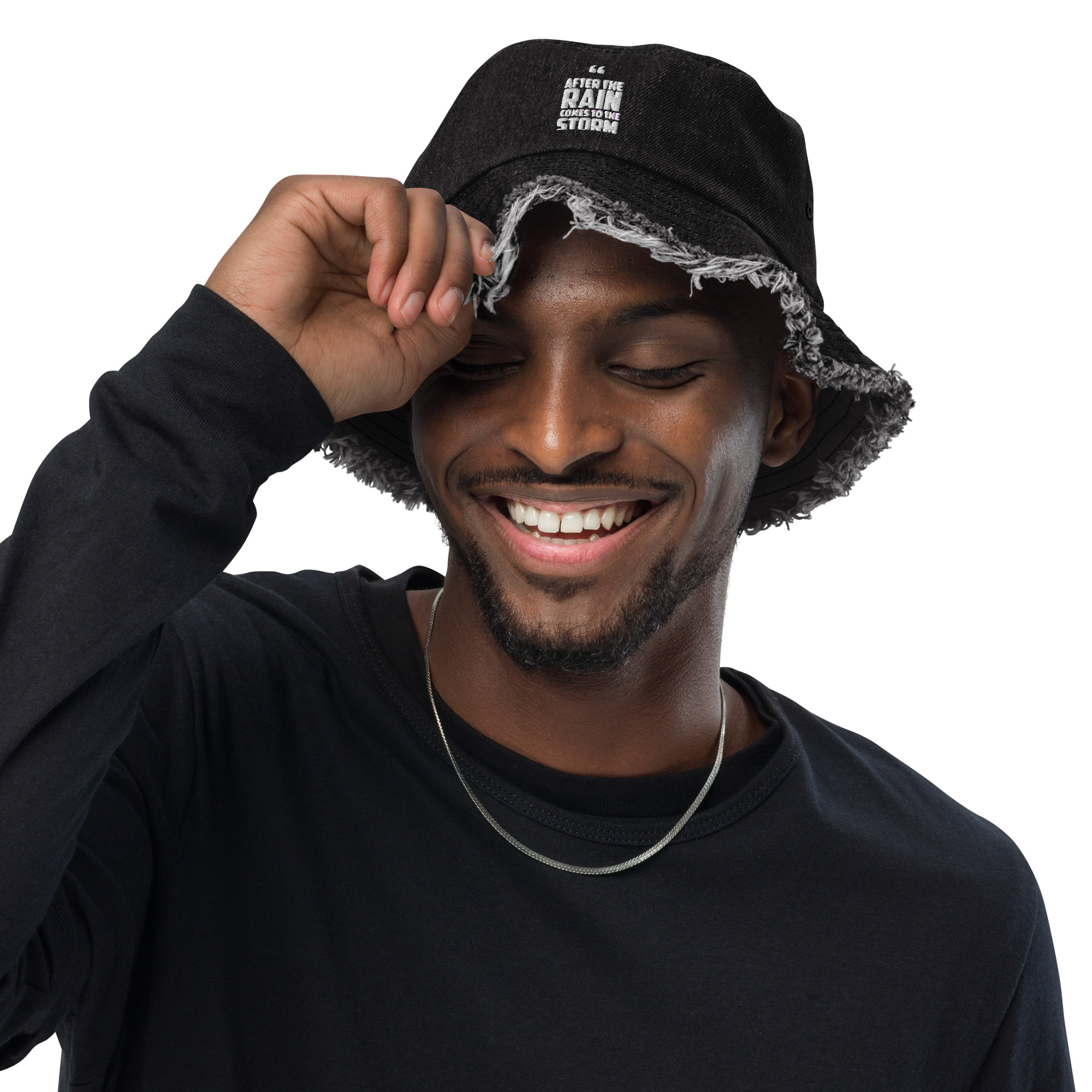 distressed-denim-bucket-hat-black-denim-front-63d2f8b3cf840.jpg Distressed denim bucket hat - Image 1